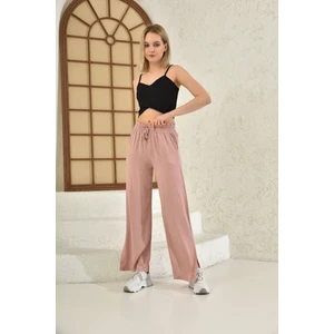 Kadın Yazlık Belmando Kumaş Beli Lastikli Paçası Yırtmaçlı  Toz Pembe Keten Pantolon