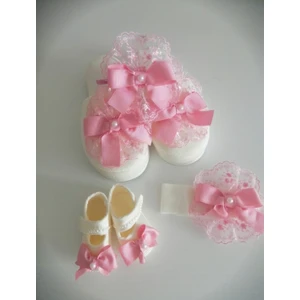 CAN BUTİK Pembe Güpürlü Fiyonklu Bebek Patikli Lohusa Terlik Taç Takımı