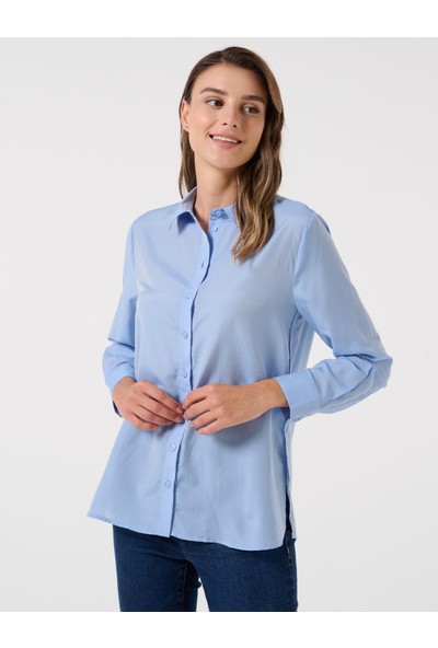 Kadın Mavi Düz Kesim Uzun Kollu Gömlek