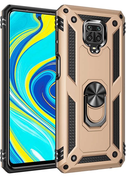 Xiaomi Redmi Note 9s Kılıf Yüzüklü Standlı  Tank Çift Katmanlı Vega Gold