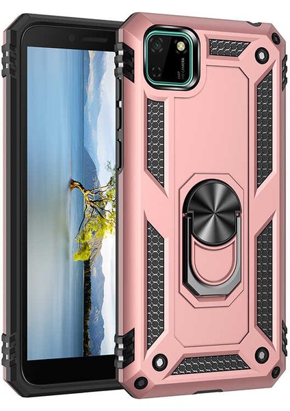 Huawei Y5P Kılıf Yüzüklü Standlı Tank Çift Katmanlı Vega Rose Gold