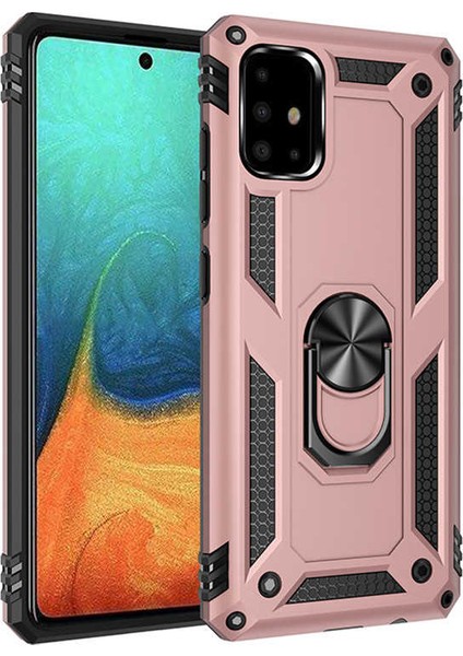Samsung Galaxy A71 Kılıf Yüzüklü Standlı Tank Çift Katmanlı Vega Rose Gold