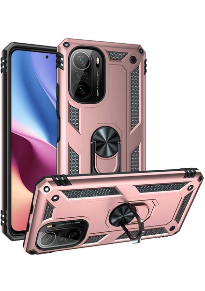 Xiaomi Redmi K40 Kılıf Yüzüklü Standlı Tank Çift Katmanlı Vega Rose Gold