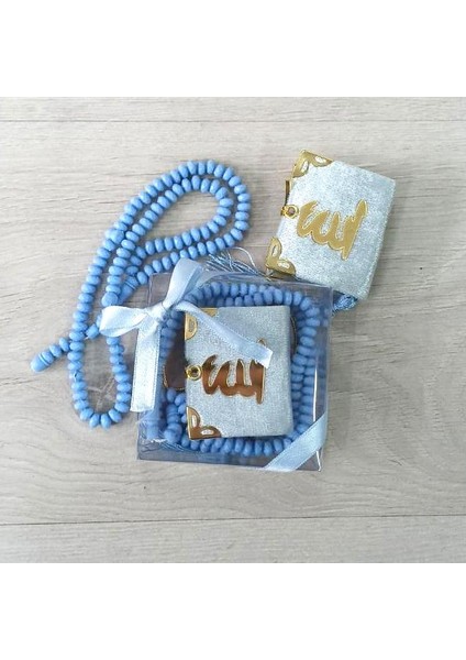 Kadife Mini Kuran, Kokulu Tesbihli Set Mavi