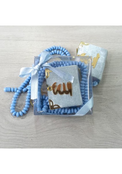 Kadife Mini Kuran, Kokulu Tesbihli Set Mavi