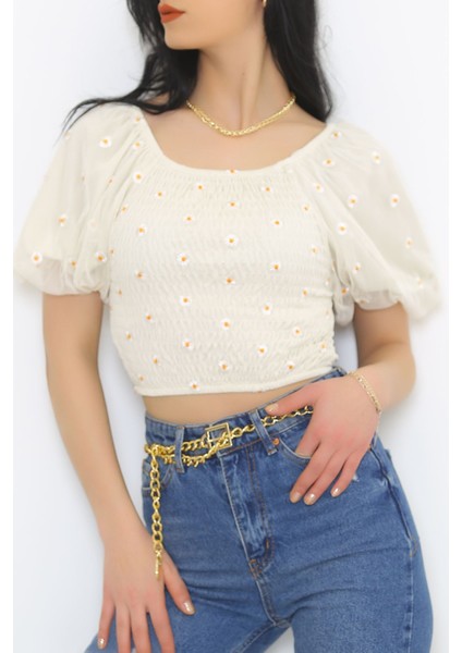 Papatya Nakışlı Bluz Ekru -