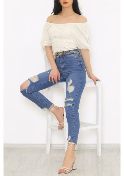 Papatya Nakışlı Bluz Ekru - fiyatları