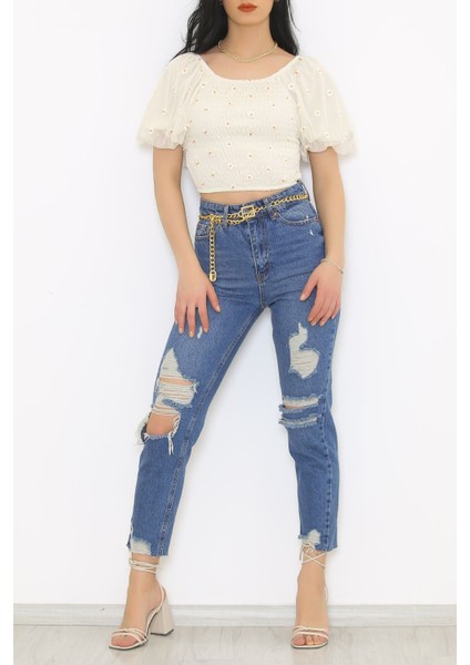 Papatya Nakışlı Bluz Ekru - fırsatları