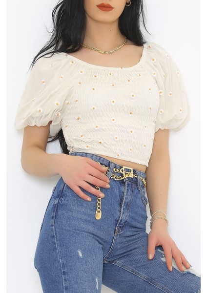 Papatya Nakışlı Bluz Ekru - indirimleri