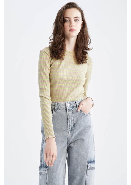 Fitted Bisiklet Yaka Çizgili Uzun Kollu Tişört Y9401AZ22AU