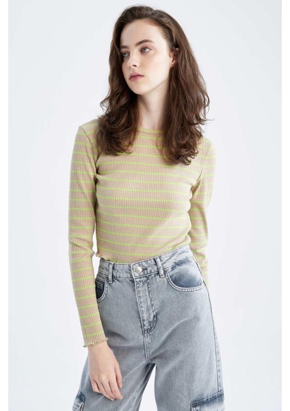 Fitted Bisiklet Yaka Çizgili Uzun Kollu Tişört Y9401AZ22AU modelleri