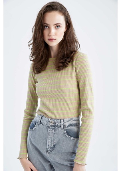 Fitted Bisiklet Yaka Çizgili Uzun Kollu Tişört Y9401AZ22AU fırsatları