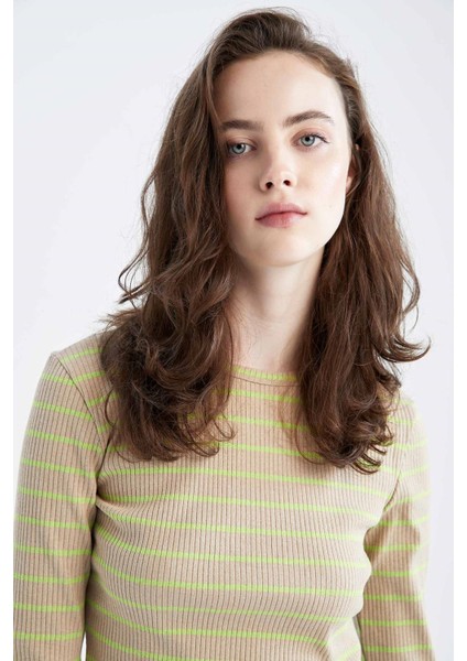 Fitted Bisiklet Yaka Çizgili Uzun Kollu Tişört Y9401AZ22AU indirimleri