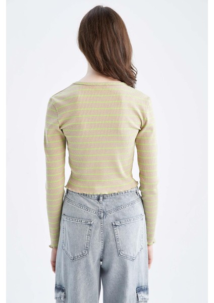 Fitted Bisiklet Yaka Çizgili Uzun Kollu Tişört Y9401AZ22AU