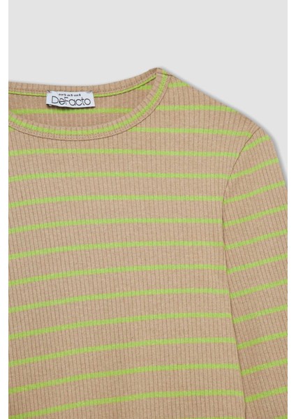 Fitted Bisiklet Yaka Çizgili Uzun Kollu Tişört Y9401AZ22AU