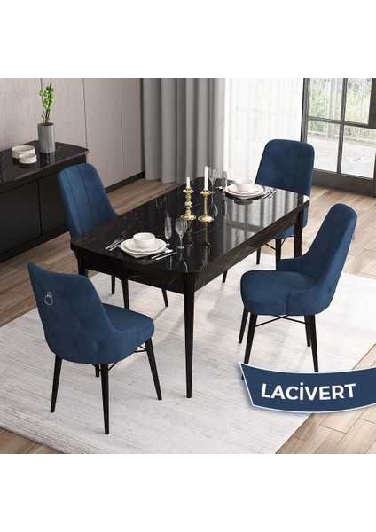 Concept Are SERISI 80 x 132 cm Mdf Açılabilir Siyah Mermer Desen Masa Takımı 4 Sandalye Gümüş Halkalı