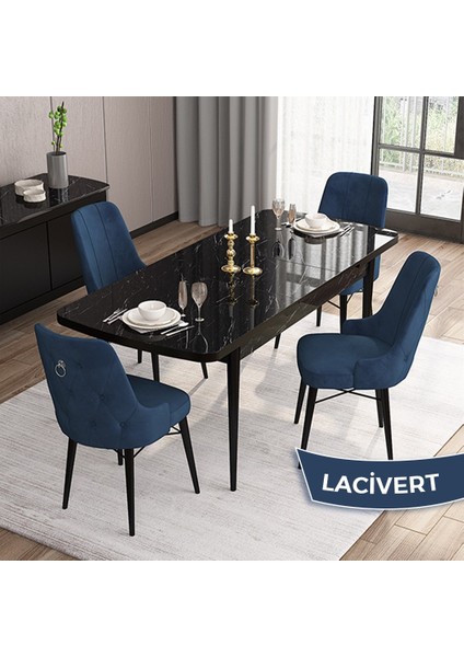 Concept Are SERISI 80 x 132 cm Mdf Açılabilir Siyah Mermer Desen Masa Takımı 4 Sandalye Gümüş Halkalı