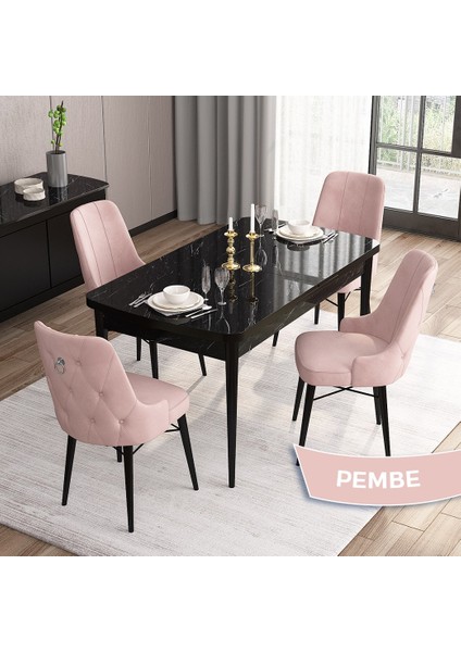 Concept Are SERISI 80 x 132 cm Mdf Açılabilir Siyah Mermer Desen Masa Takımı 4 Sandalye Gümüş Halkalı