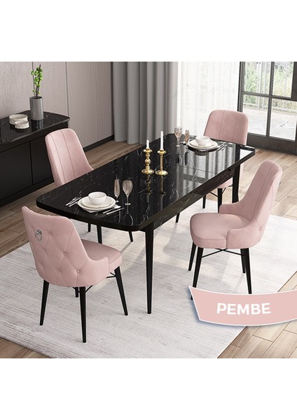 Concept Are SERISI 80 x 132 cm Mdf Açılabilir Siyah Mermer Desen Masa Takımı 4 Sandalye Gümüş Halkalı fiyatları