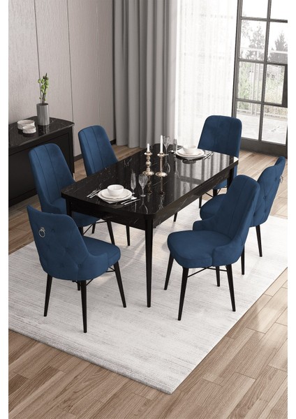 Concept Are SERISI 80 x 132 cm Mdf Açılabilir Siyah Mermer Desen Masa Takımı 6 Sandalye Gümüş Halkalı