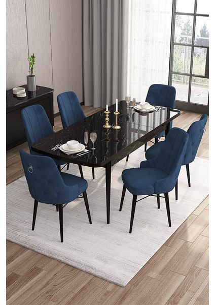 Concept Are SERISI 80 x 132 cm Mdf Açılabilir Siyah Mermer Desen Masa Takımı 6 Sandalye Gümüş Halkalı