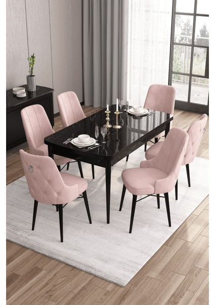 Concept Are SERISI 80 x 132 cm Mdf Açılabilir Siyah Mermer Desen Masa Takımı 6 Sandalye Gümüş Halkalı