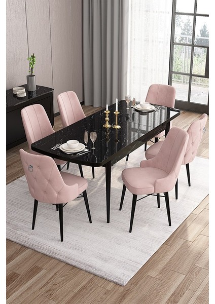 Concept Are SERISI 80 x 132 cm Mdf Açılabilir Siyah Mermer Desen Masa Takımı 6 Sandalye Gümüş Halkalı fiyatları
