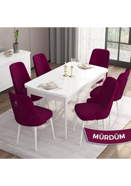 Concept Are Serisi 80 x 132 cm Açılabilir Mdf Masa Beyaz Mutfak Masa Takımı 6 Sandalye Gümüş Halkalı