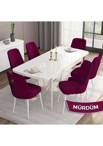 Concept Are Serisi 80 x 132 cm Açılabilir Mdf Masa Beyaz Mutfak Masa Takımı 6 Sandalye Gümüş Halkalı fiyatları