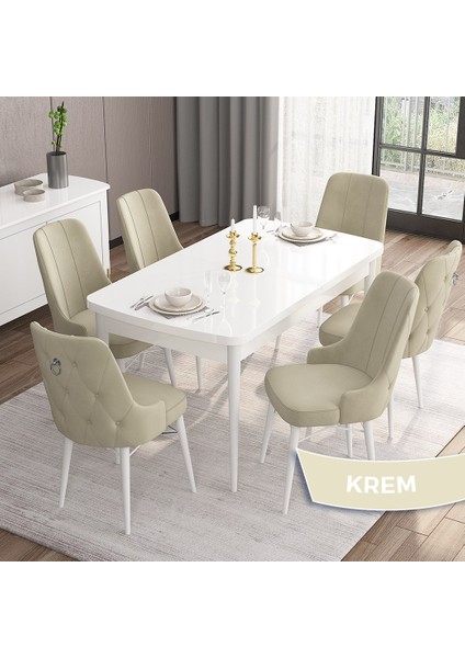 Concept Are Serisi 80 x 132 cm Açılabilir Mdf Masa Beyaz Mutfak Masa Takımı 6 Sandalye Gümüş Halkalı