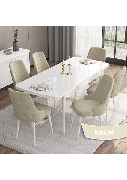 Concept Are Serisi 80 x 132 cm Açılabilir Mdf Masa Beyaz Mutfak Masa Takımı 6 Sandalye Gümüş Halkalı fiyatları