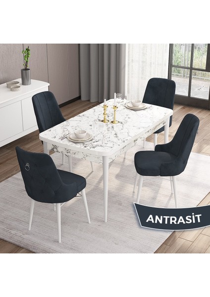 Concept Are Serisi 80 x 132 cm Açılabilir Mdf Beyaz Mermer Desen Masa Takımı 4 Sandalye Gümüş Halkalı