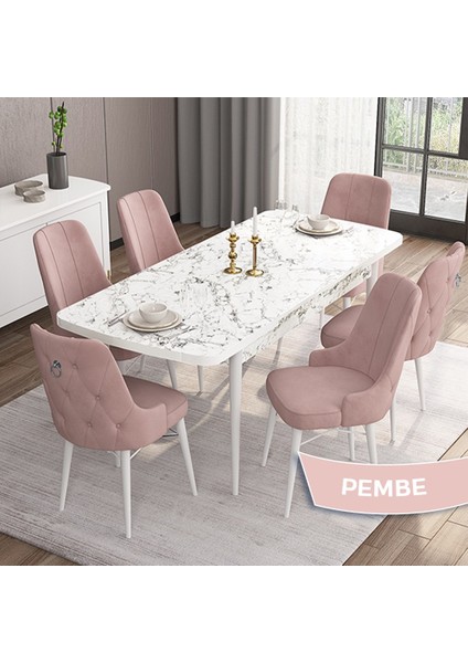 Concept Are Serisi 80 x 132 cm Açılabilir Mdf Beyaz Mermer Desen Masa Takımı 6 Sandalye Gümüş Halkalı fiyatları