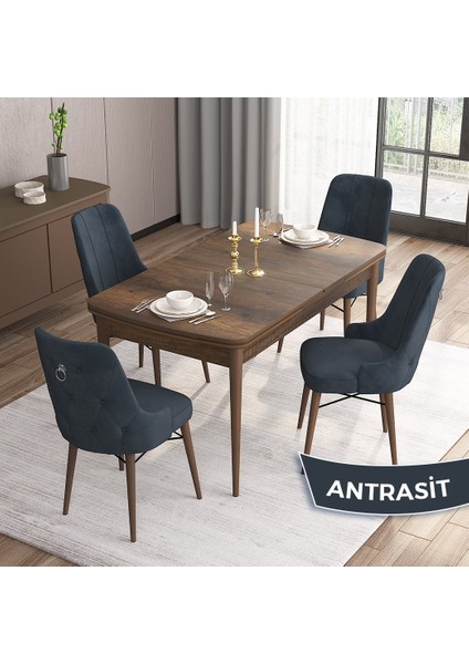 Concept Are Serisi 80 x 132 cm Mdf Masa Barok Ahşap Desen Masa Takımı 4 Sandalye Gümüş Halkalı