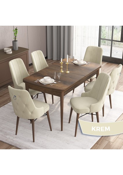 Concept Are Serisi 80 x 132 cm Mdf Masa Barok Ahşap Desen Masa Takımı 6 Sandalye Gümüş Halkalı