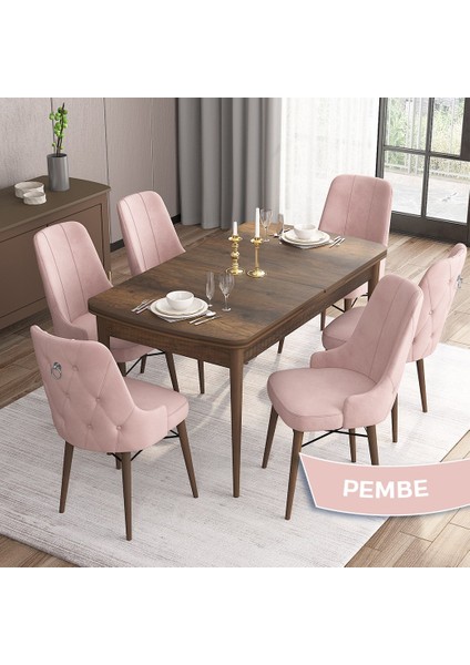 Concept Are Serisi 80 x 132 cm Mdf Masa Barok Ahşap Desen Masa Takımı 6 Sandalye Gümüş Halkalı