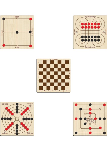 Ahşap Zeka ve Strateji Oyun Seti 5 Li, 3 Taş + 9 Taş + Bihar + Surakarta ve Satranç