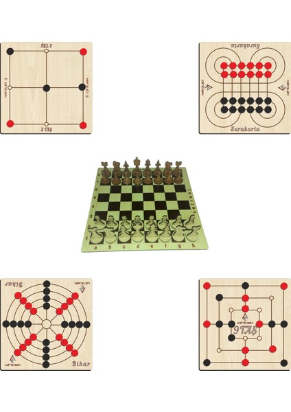 Ahşap Zeka ve Strateji Oyun Seti 5 Li, 3 Taş + 9 Taş + Bihar + Surakarta ve Satranç