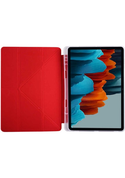 MTK Moveteck Samsung Galaxy Tab S7 Fe Lte T730 T735 T737 Kılıf Kalem Bölmeli Yuvalı Yumuşak Silikon Trifolding Üçgen Standlı Lüx Case