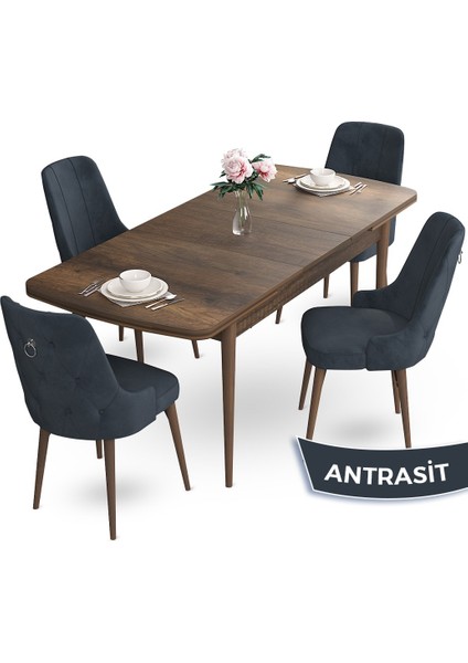 Concept Nev Serisi 80 x 132 cm Açılabilir Barok Ahşap Desen Masa Takımı 4 Sandalye Gümüş Halkalı