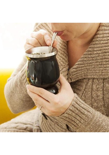 Doğal Kabak Çay Bardağı Seti 8 Ounces Mate Saman Paslanmaz Çelik Çift Duvarlı Kolay Temiz Yalıtımlı Kahve Fincanları Taza Kupa Kupalar Siyah (Yurt Dışından)
