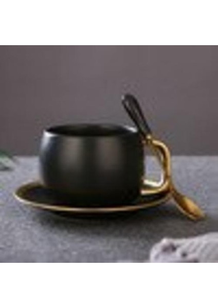 Nordic Buzlu Siyah Altın Kahve Kupa Latte Vintage Basit Seramik Kahve Fincanı Kaşık ve Tabağı ile Set Drinkware Kahve Kupası ve Tabak Setleri (Yurt Dışından)