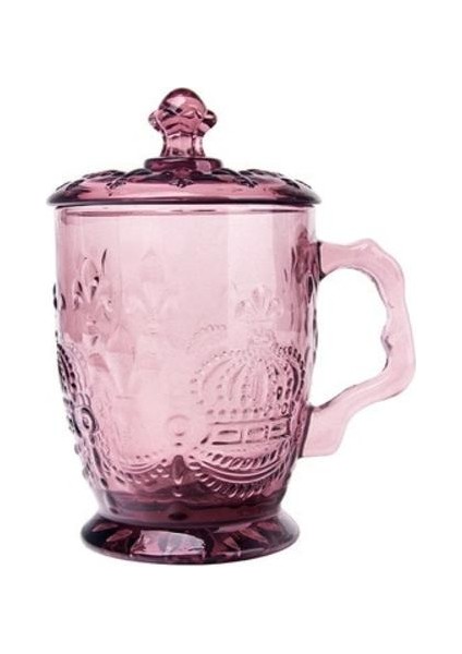 200ML Avrupa Retro Moda Cam Cam Günlük Kullanım Için Bakkal Içecek Kupası Taç Kapak ve Kolu Isıya Dayanıklı Su Kupası Oyma Pembe (Yurt Dışından)