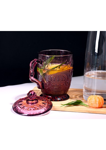 200ML Avrupa Retro Moda Cam Cam Günlük Kullanım Için Bakkal Içecek Kupası Taç Kapak ve Kolu Isıya Dayanıklı Su Kupası Oyma Pembe (Yurt Dışından)