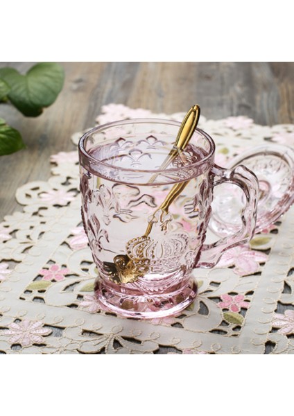 200ML Avrupa Retro Moda Cam Cam Günlük Kullanım Için Bakkal Içecek Kupası Taç Kapak ve Kolu Isıya Dayanıklı Su Kupası Oyma Pembe (Yurt Dışından)