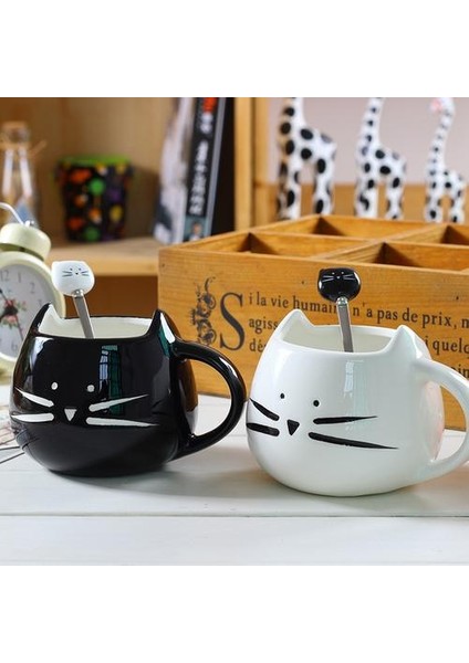 Seramik Sevimli Kedi Kupalar Kaşık Kahve Çay Süt ile Hayvan Bardaklar Saplı 400 ml Drinkware Güzel Kedi Kupa Kupa Kupa ile Kupa Siyah (Yurt Dışından)