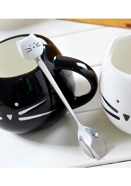 Seramik Sevimli Kedi Kupalar Kaşık Kahve Çay Süt ile Hayvan Bardaklar Saplı 400 ml Drinkware Güzel Kedi Kupa Kupa Kupa ile Kupa Siyah (Yurt Dışından)