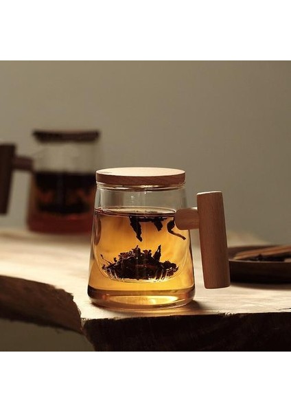 Isıya Dayanıklı Yaratıcı Borosilikat Cam Çay Kupalar Şeffaf Çay Bardağı Filtre ile Ahşap Kapak Kapak Kayın Kolu Su Sütü Kupalar Kahverengi (Yurt Dışından)