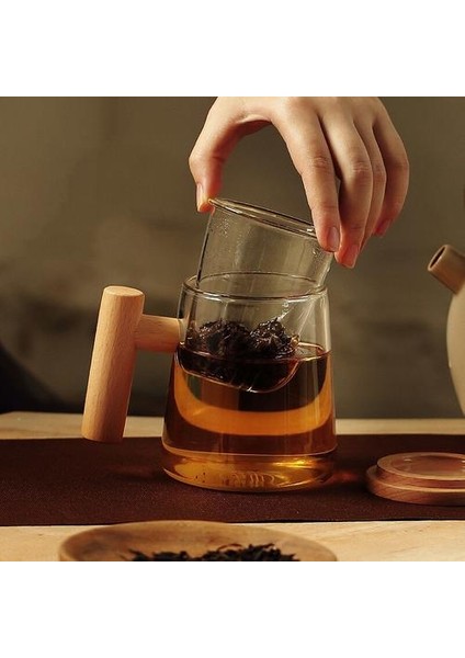Isıya Dayanıklı Yaratıcı Borosilikat Cam Çay Kupalar Şeffaf Çay Bardağı Filtre ile Ahşap Kapak Kapak Kayın Kolu Su Sütü Kupalar Kahverengi (Yurt Dışından)