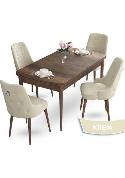 Concept Nev Serisi 80 x 132 cm Açılabilir Barok Ahşap Desen Masa Takımı 4 Sandalye Gümüş Halkalı